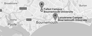Map showing the locations of our Talbot Campus and Lansdowne Campus. Lansdowne is based close to the town centre and beach, while Talbot is further inland, about 2 miles from Lansdowne.